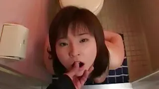 Hot Japanese Girl tied blowjob hairly dick with yummy tits toilet
